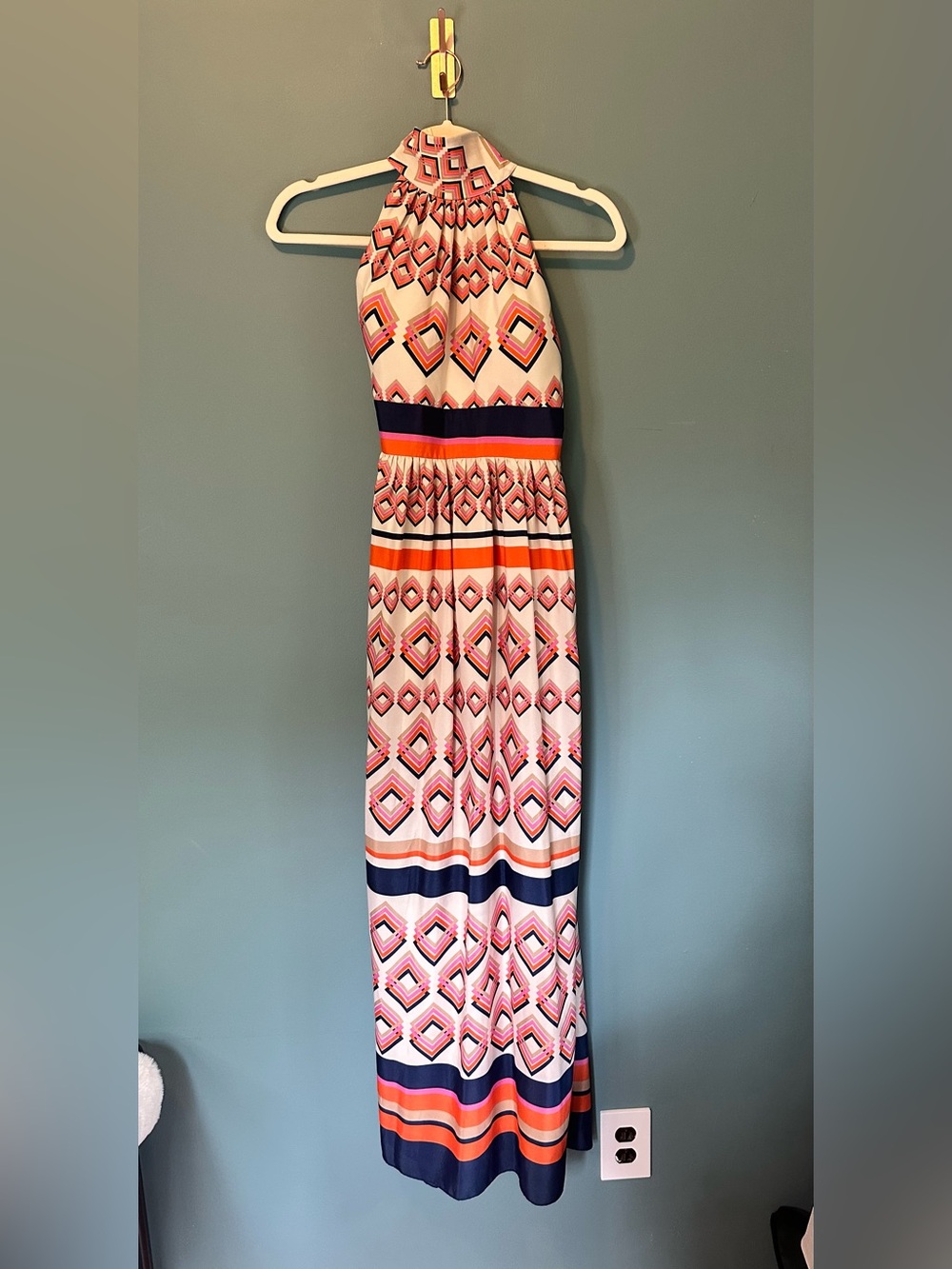 Eliza J Geometric Halter Maxi Dress Retro Mod Cream Orange Navy 8 Petite - Picture 13 of 13